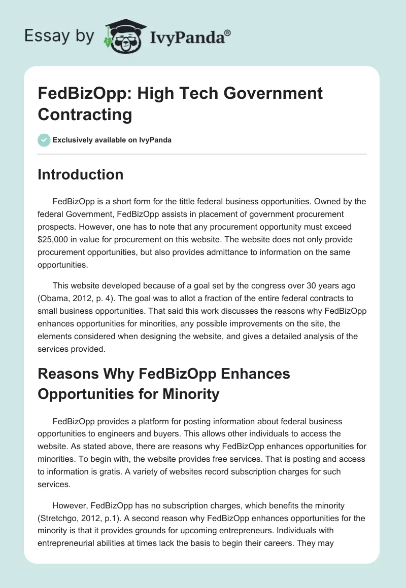 FedBizOpp: High Tech Government Contracting. Page 1