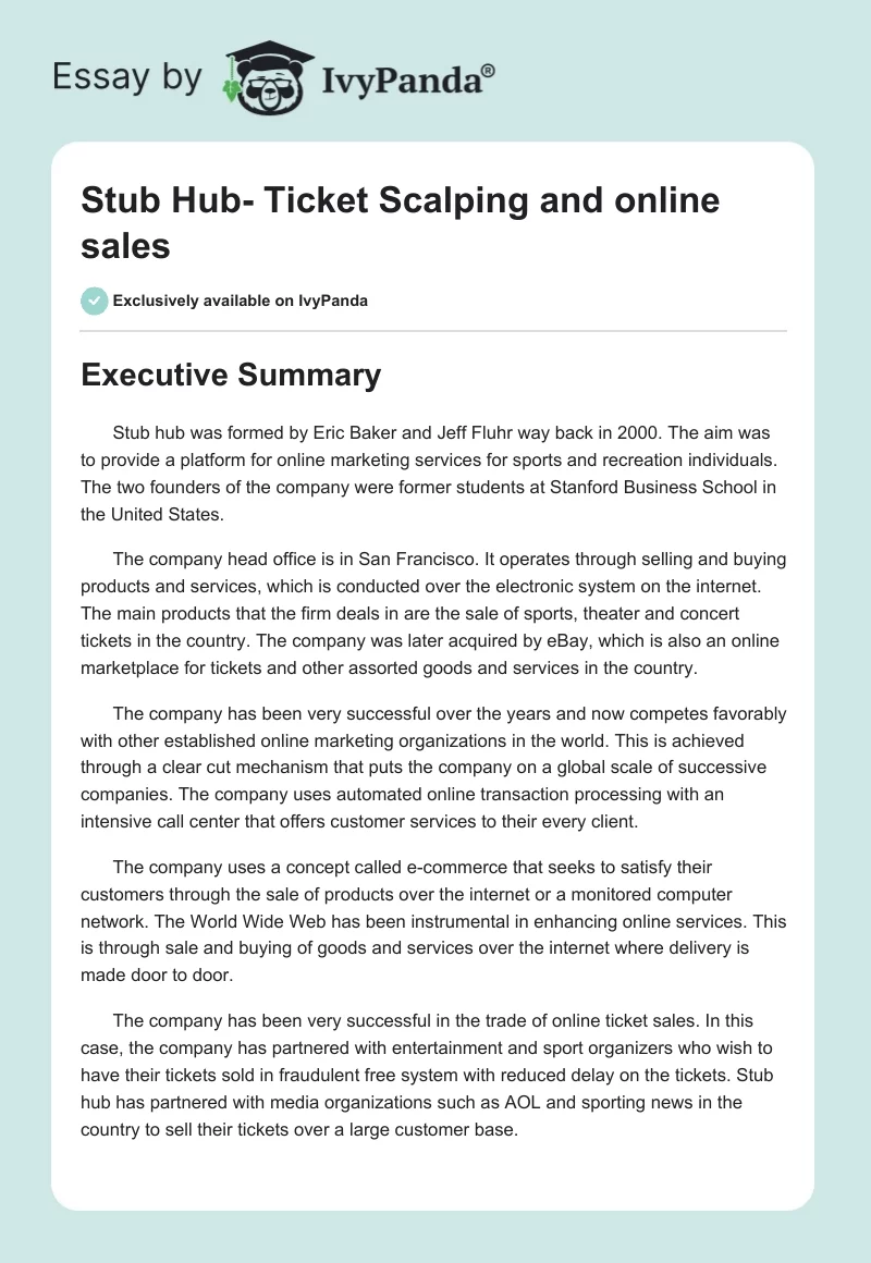 Stub Hub- Ticket Scalping and online sales. Page 1