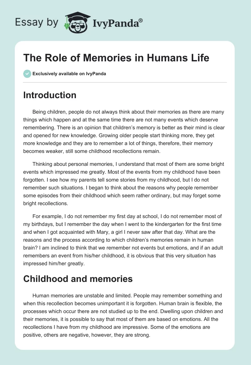 The Role of Memories in Humans Life. Page 1