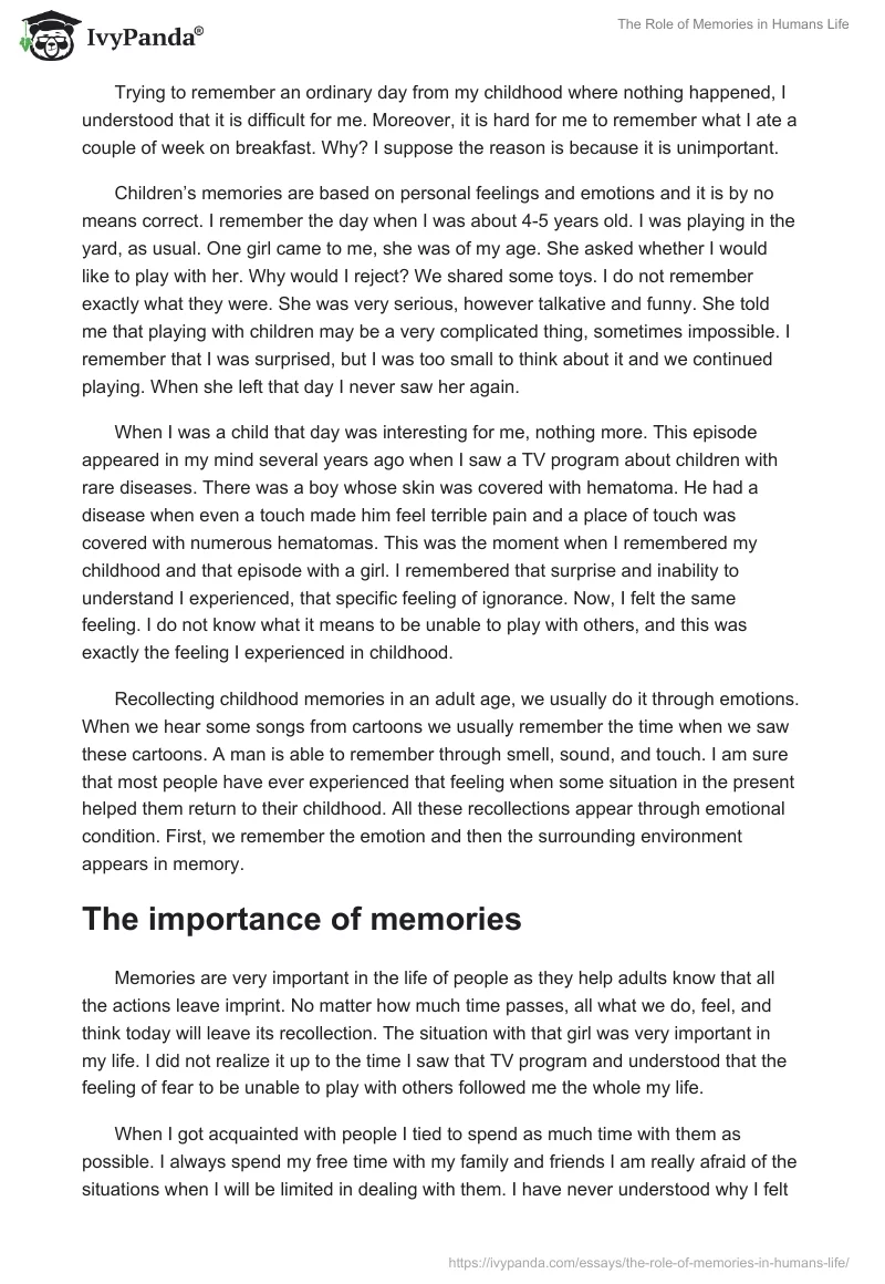 The Role of Memories in Humans Life. Page 2