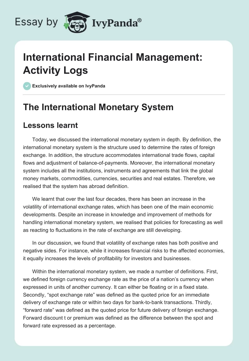 International Financial Management: Activity Logs. Page 1