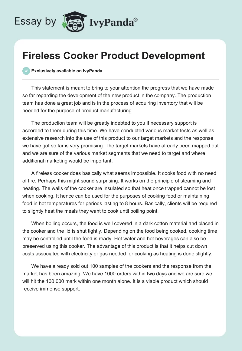 Fireless Cooker Product Development. Page 1