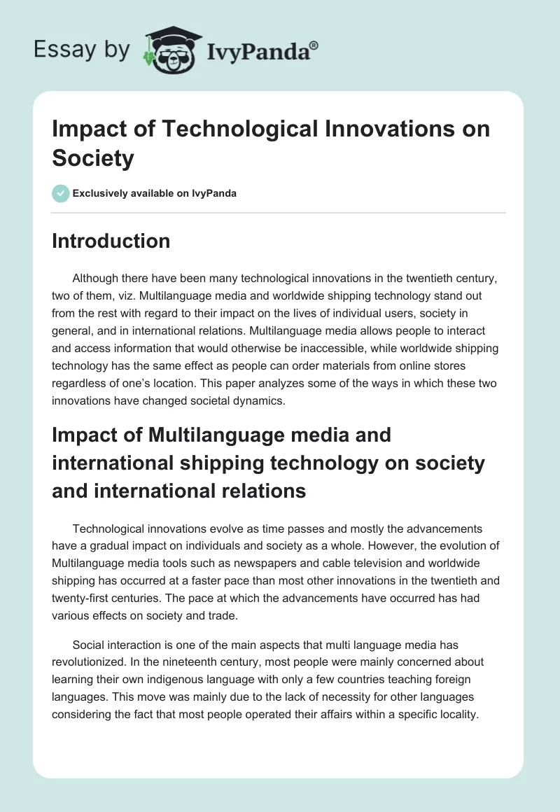 Impact of Technological Innovations on Society. Page 1