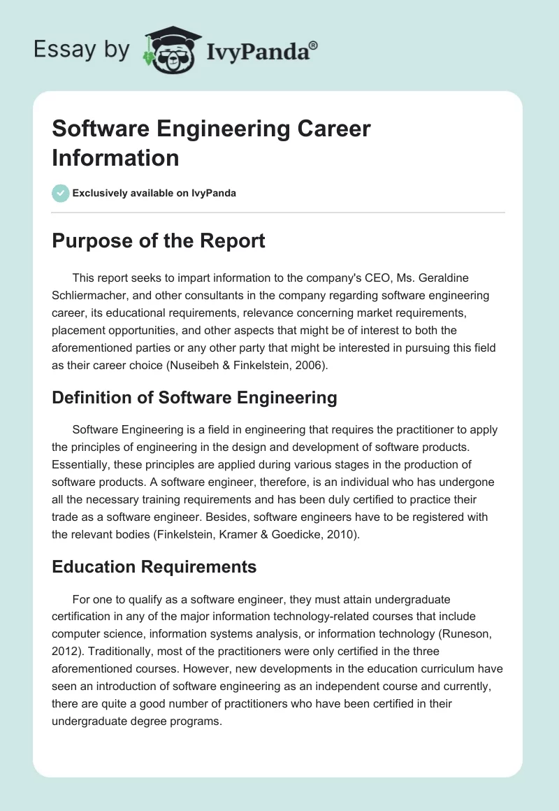 Software Engineering Career Information. Page 1