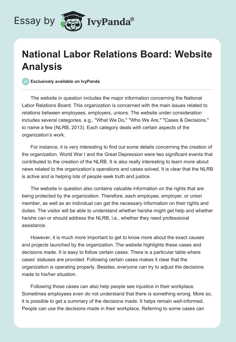National Labor Relations Board: Website Analysis. Page 1