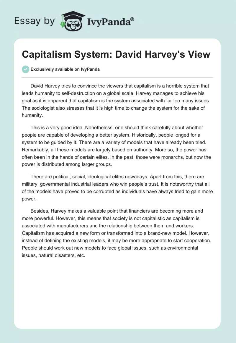 Capitalism System: David Harvey's View. Page 1