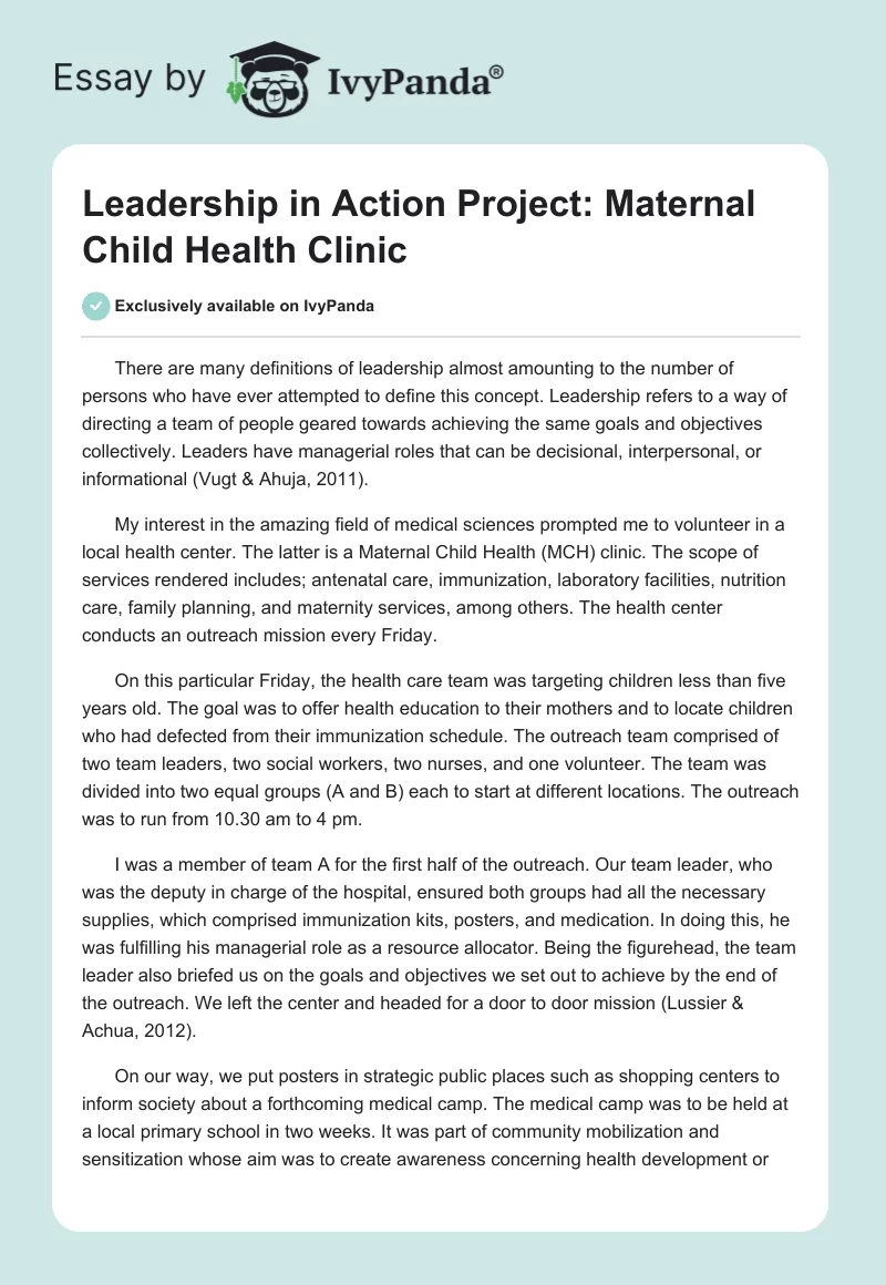 Leadership in Action Project: Maternal Child Health Clinic. Page 1