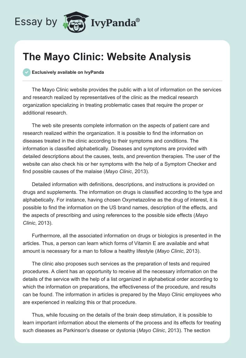 The Mayo Clinic: Website Analysis. Page 1