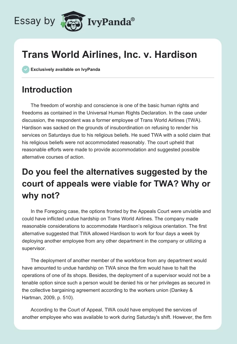Trans World Airlines, Inc. vs. Hardison. Page 1