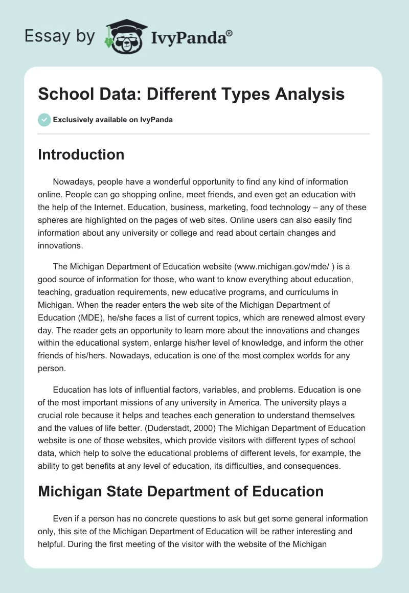 School Data: Different Types Analysis. Page 1