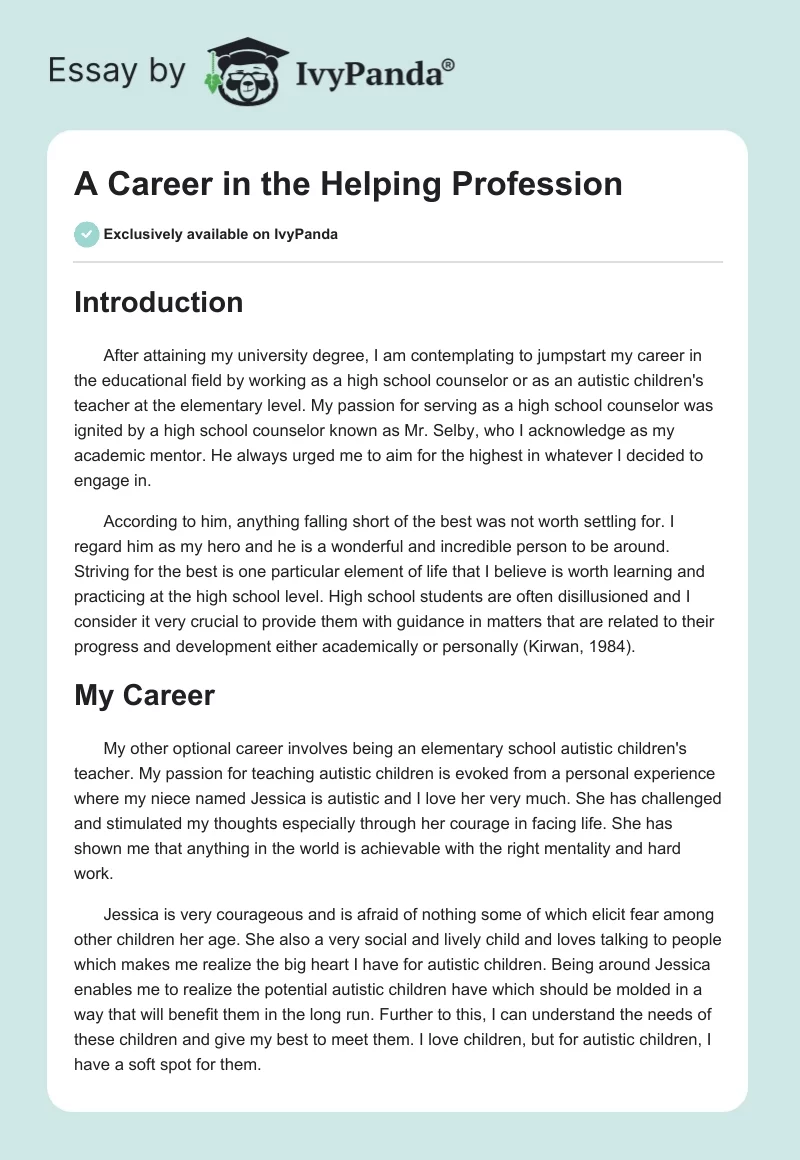 A Career in the Helping Profession. Page 1