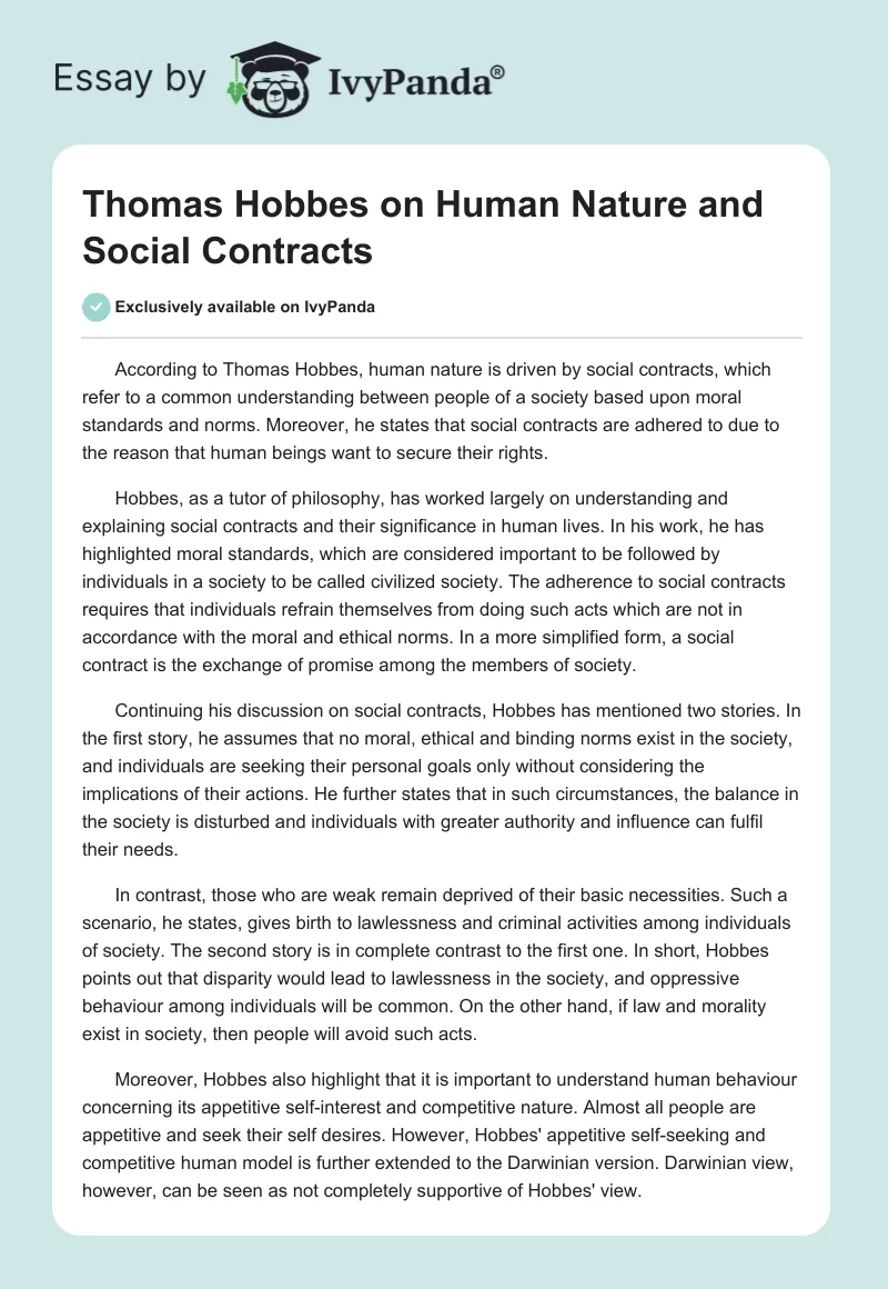 Thomas Hobbes on Human Nature and Social Contracts. Page 1