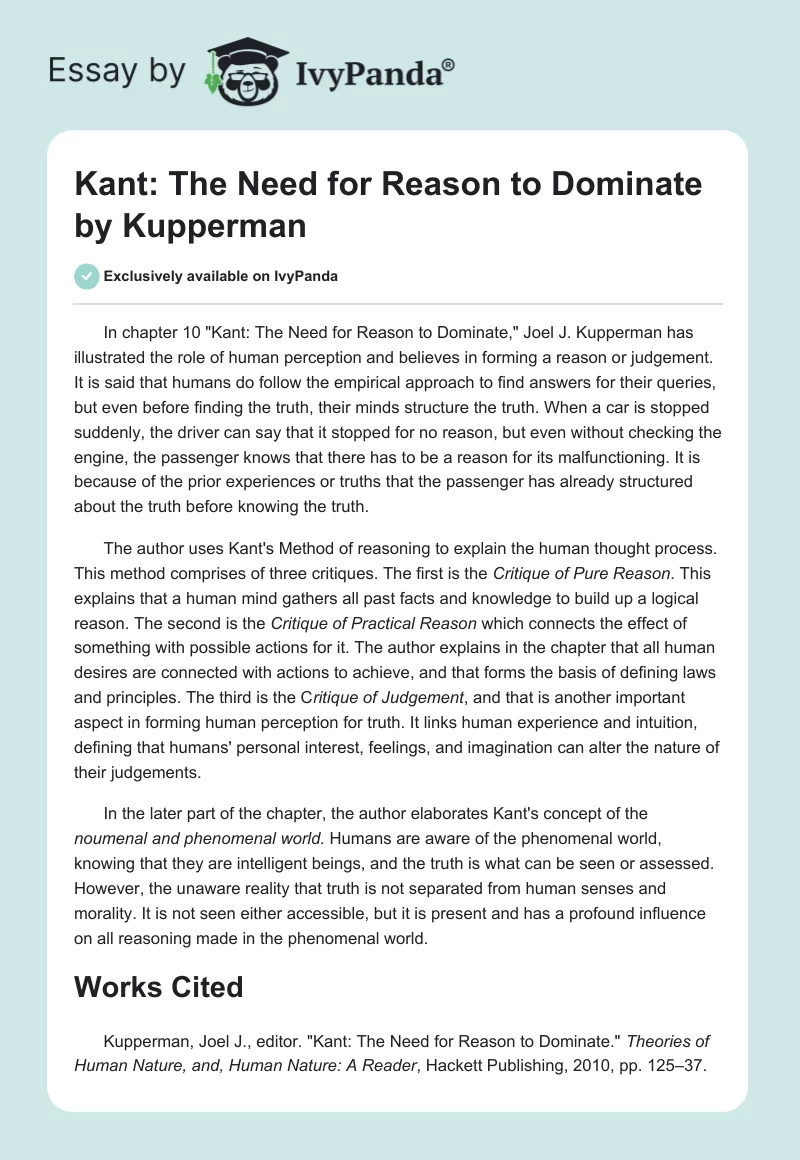 "Kant: The Need for Reason to Dominate" by Kupperman. Page 1