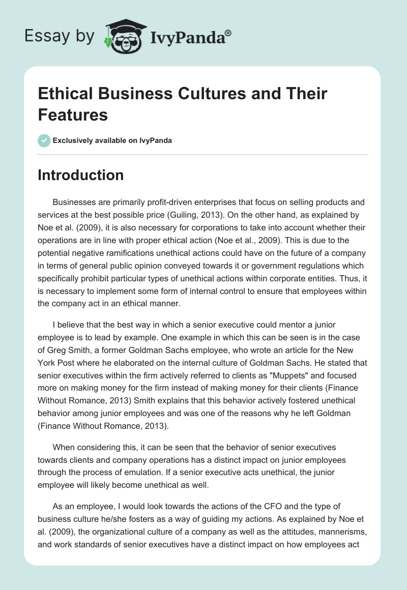 Ethical Business Cultures and Their Features. Page 1