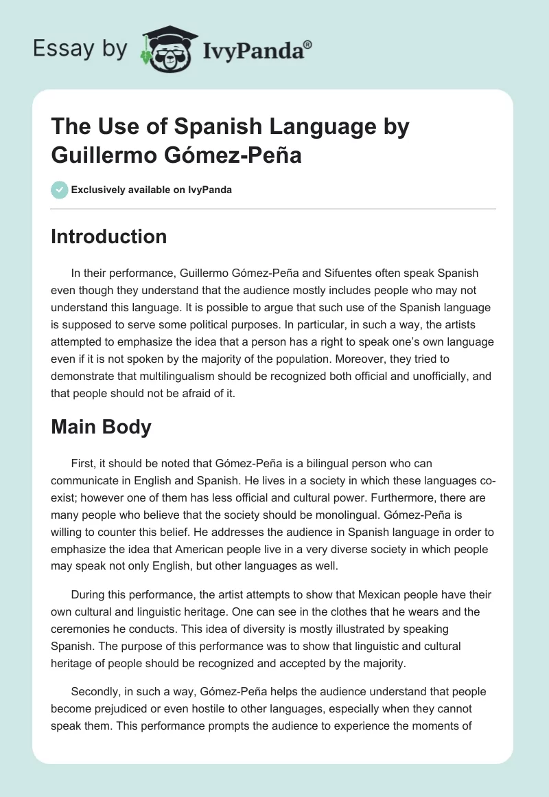 The Use of Spanish Language by Guillermo Gómez-Peña. Page 1