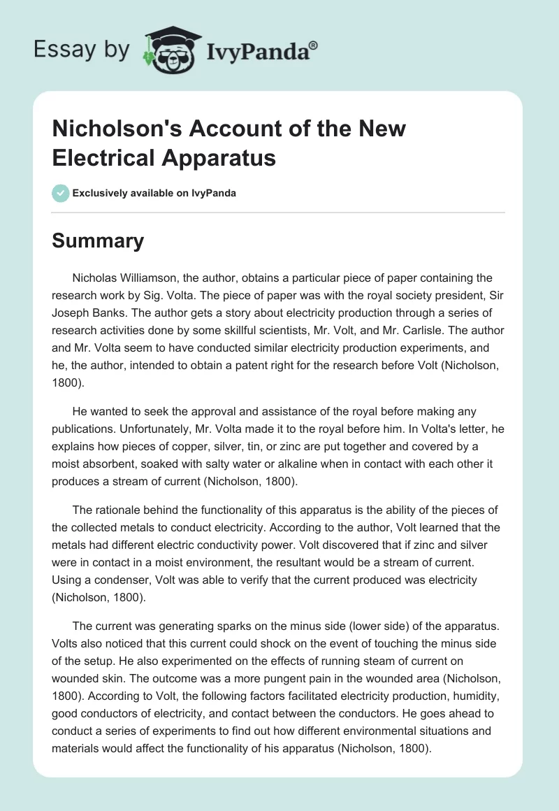 Nicholson's "Account of the New Electrical Apparatus". Page 1