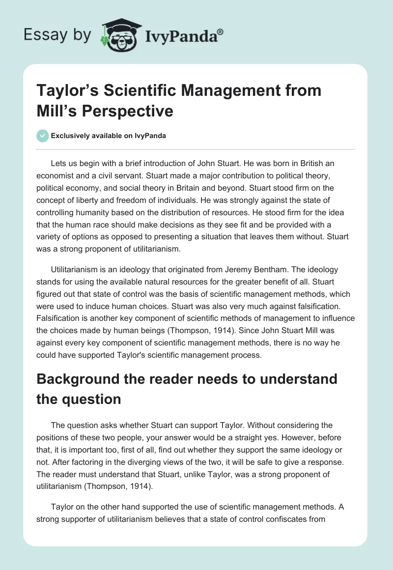Taylor’s Scientific Management from Mill’s Perspective. Page 1