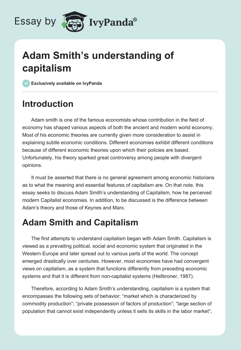 Adam Smith’s Understanding of Capitalism. Page 1