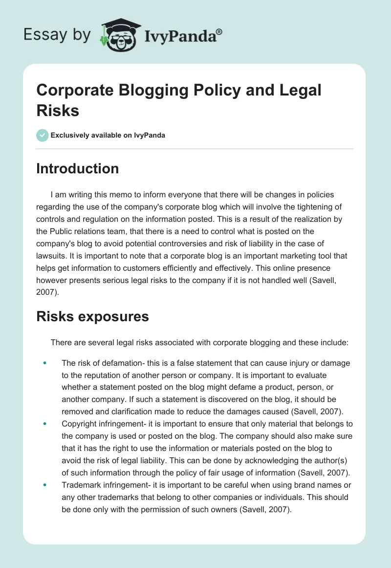 Corporate Blogging Policy and Legal Risks. Page 1