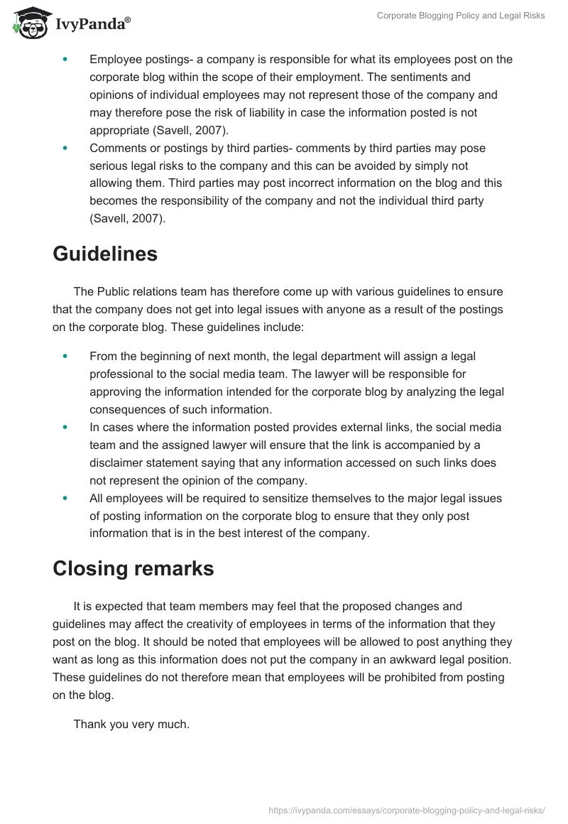 Corporate Blogging Policy and Legal Risks. Page 2