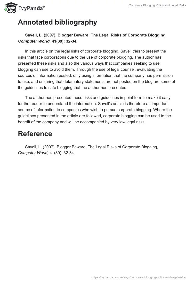 Corporate Blogging Policy and Legal Risks. Page 3