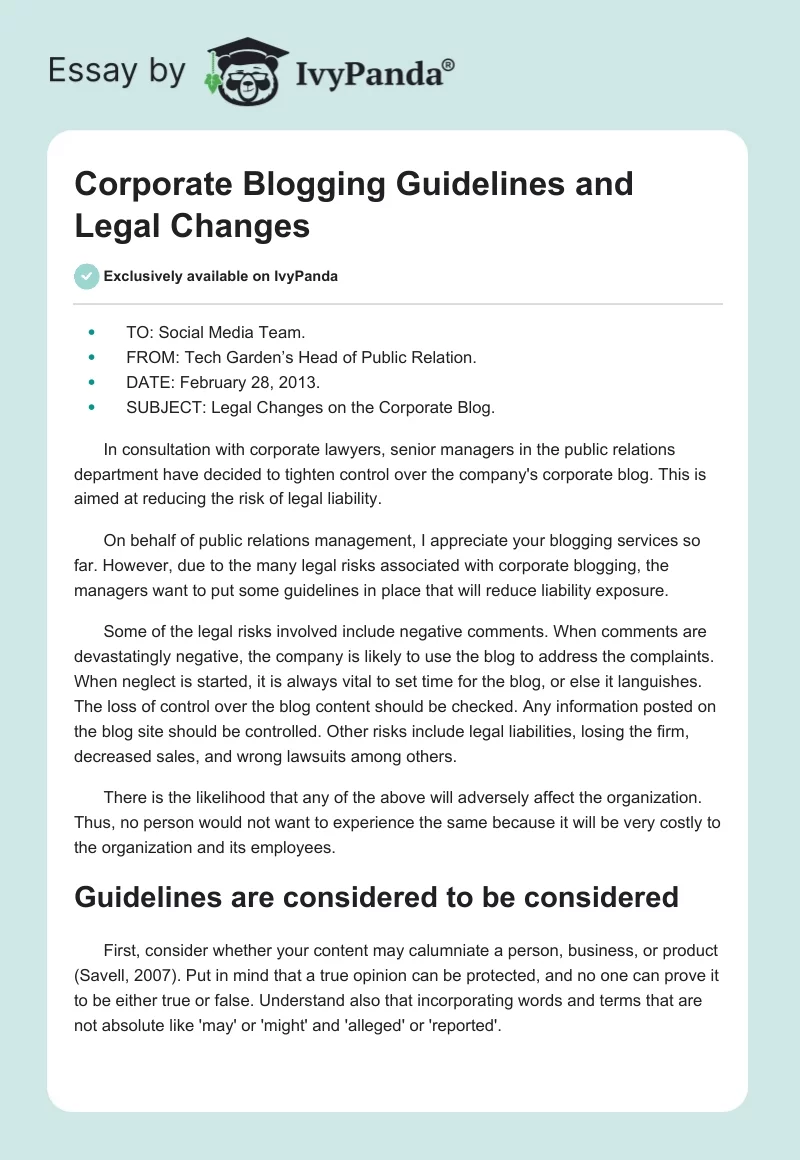 Corporate Blogging Guidelines and Legal Changes. Page 1