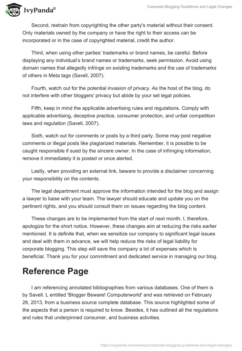 Corporate Blogging Guidelines and Legal Changes. Page 2