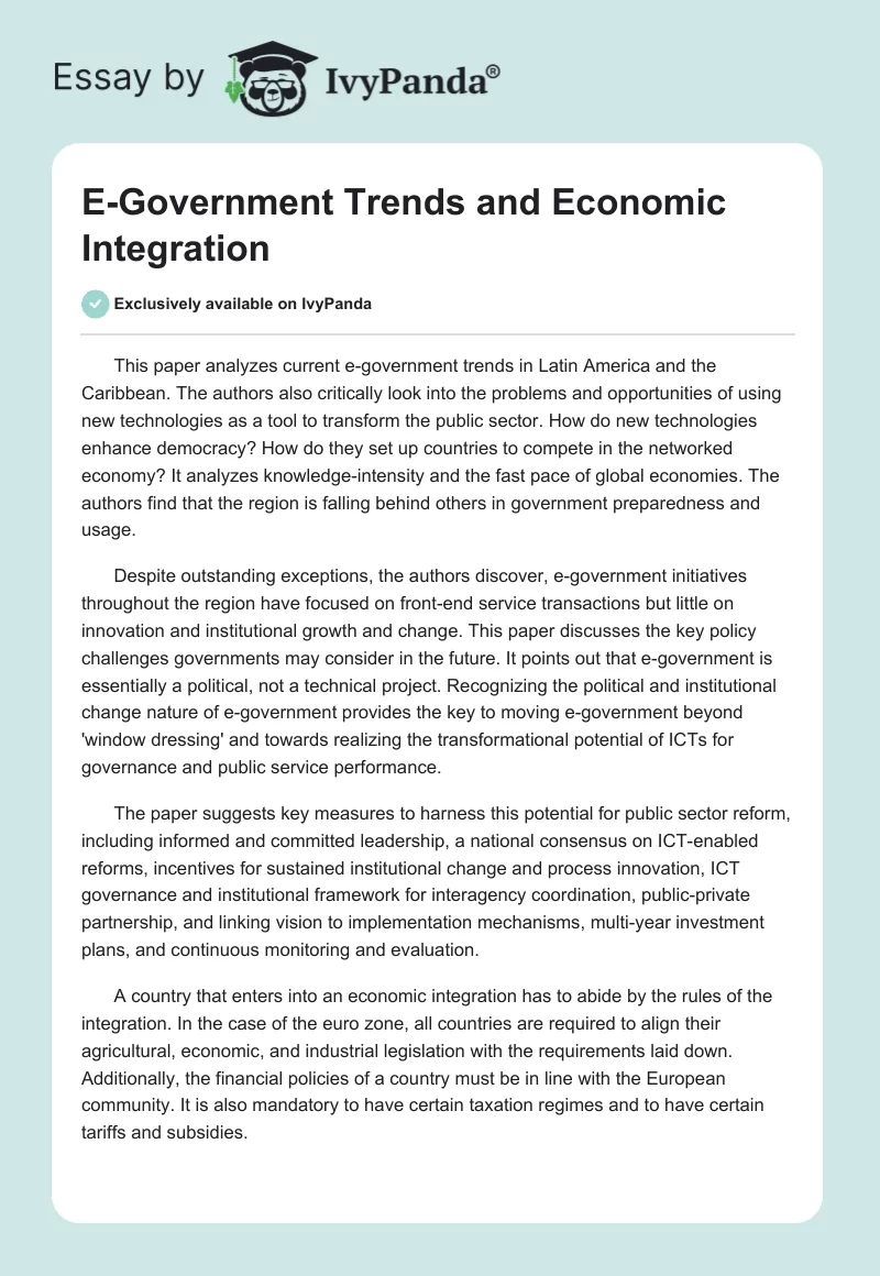 E-Government Trends and Economic Integration. Page 1