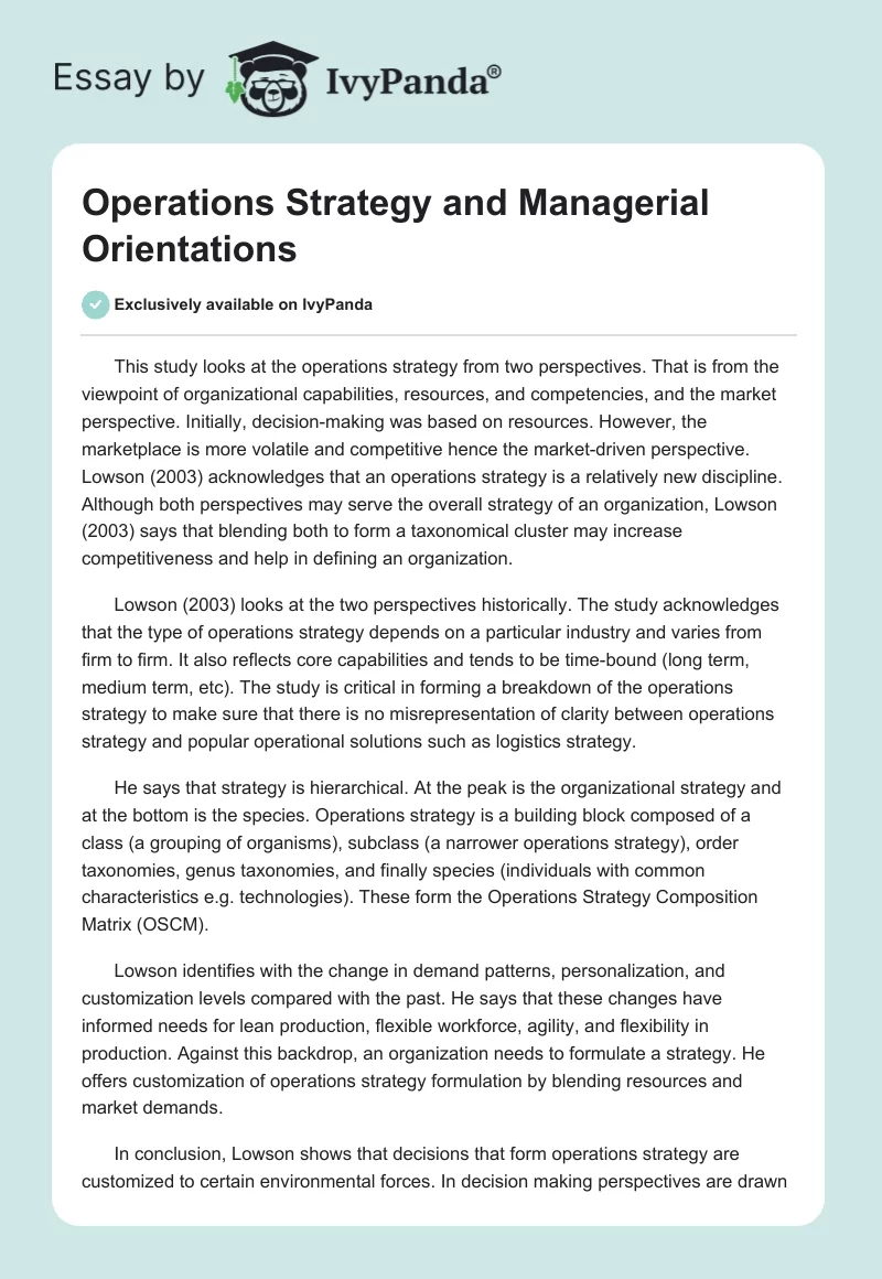 Operations Strategy and Managerial Orientations. Page 1