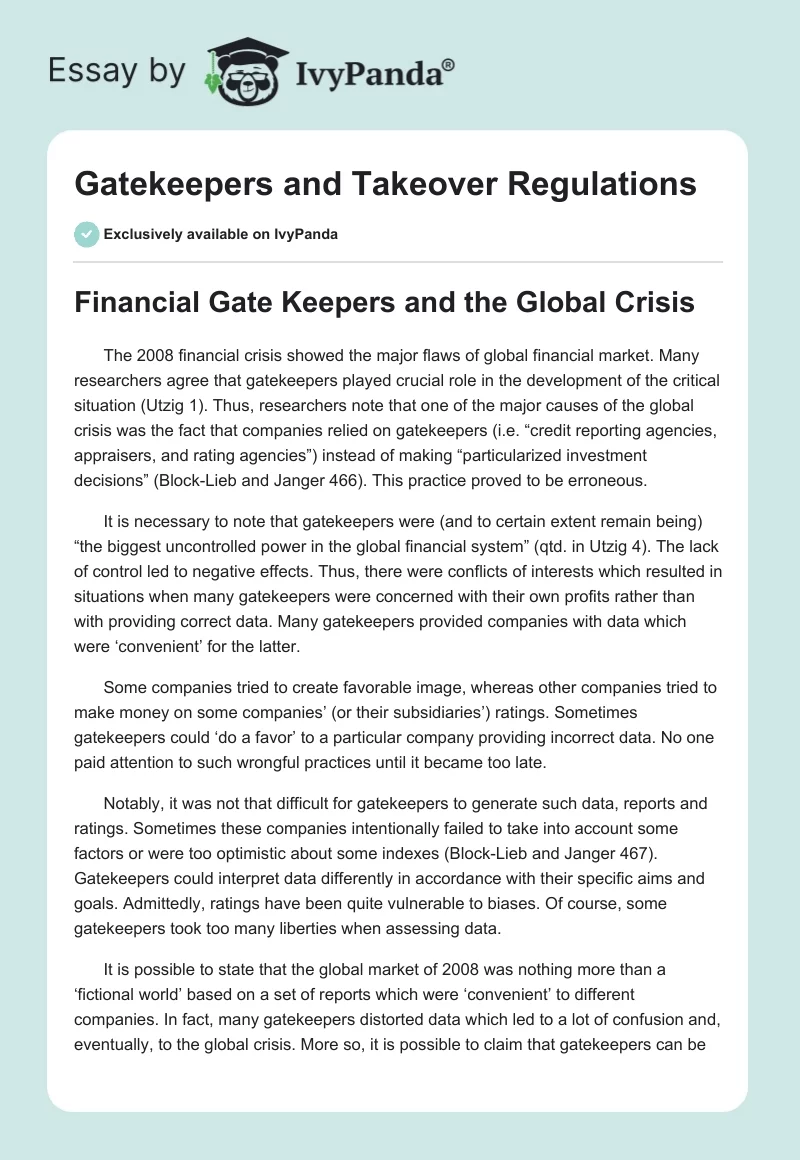 Gatekeepers and Takeover Regulations. Page 1