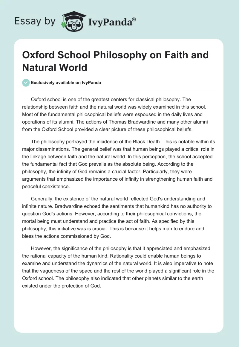 Oxford School Philosophy on Faith and Natural World. Page 1