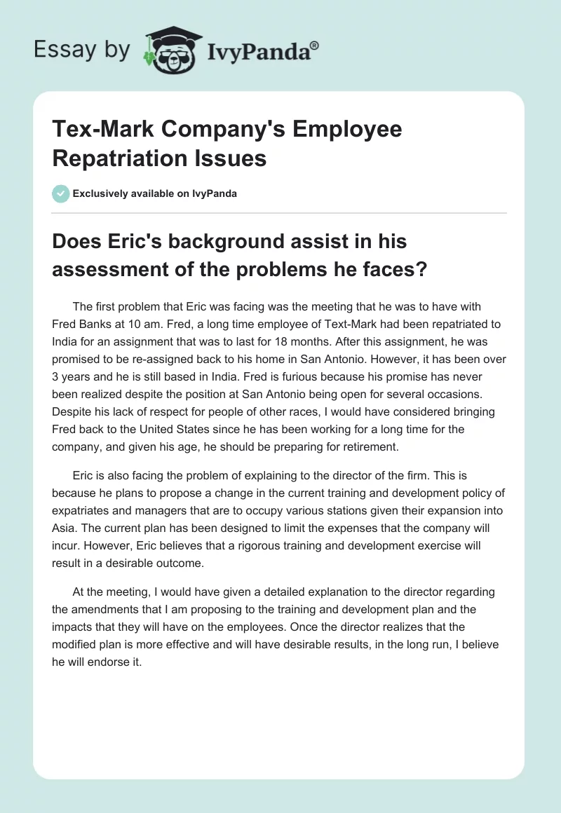 Tex-Mark Company's Employee Repatriation Issues. Page 1