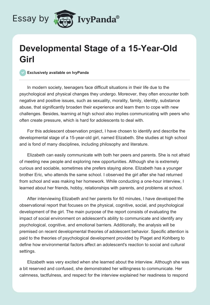 Developmental Stage of a 15-Year-Old Girl. Page 1