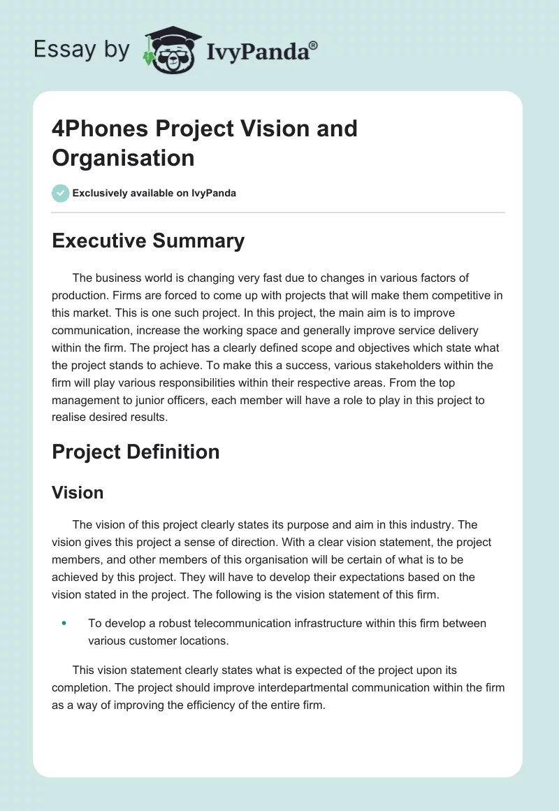 4Phones Project Vision and Organisation. Page 1