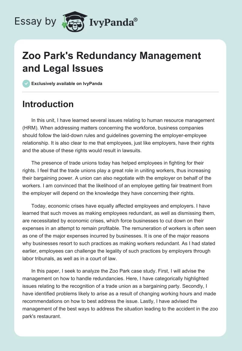 Zoo Park's Redundancy Management and Legal Issues. Page 1