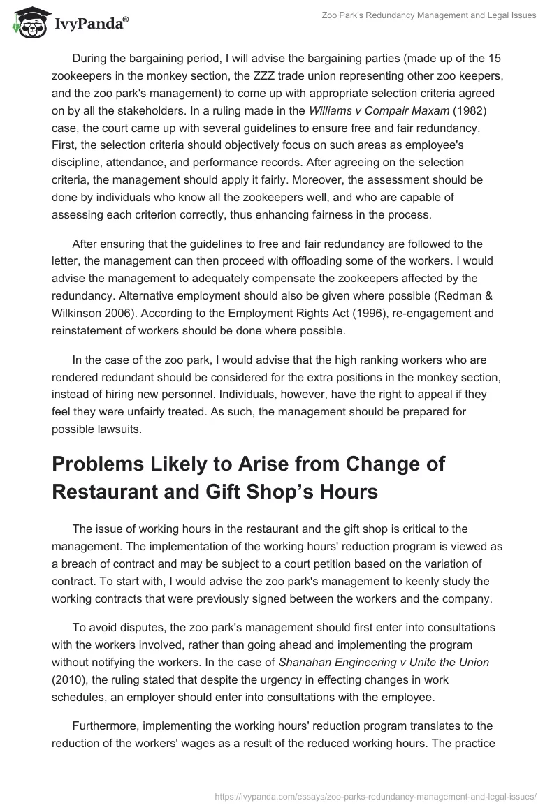 Zoo Park's Redundancy Management and Legal Issues. Page 4