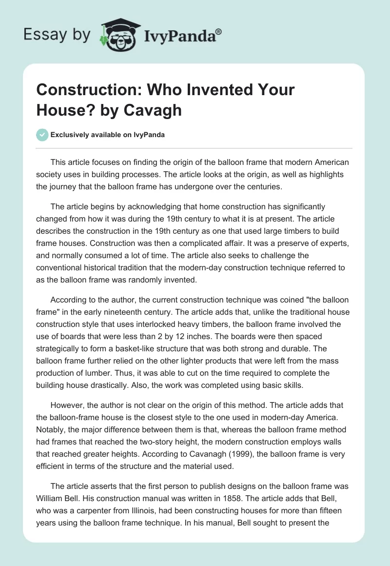 Construction: "Who Invented Your House?" by Cavagh. Page 1