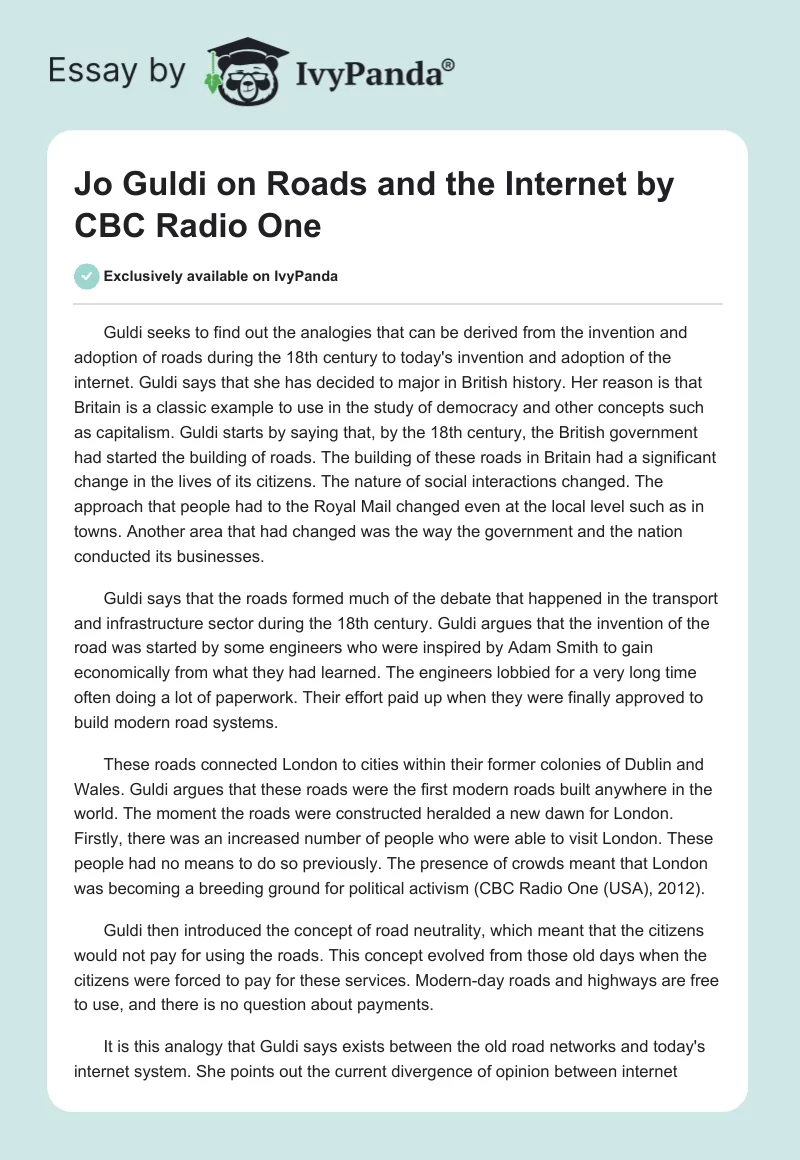 "Jo Guldi on Roads and the Internet" by CBC Radio One. Page 1