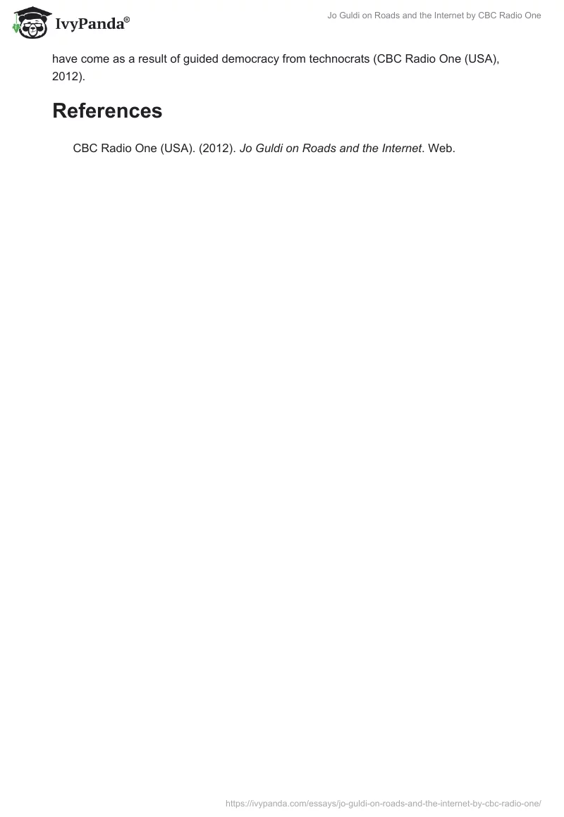 "Jo Guldi on Roads and the Internet" by CBC Radio One. Page 3