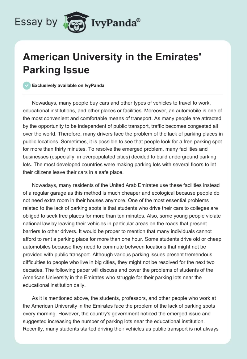 American University in the Emirates' Parking Issue. Page 1