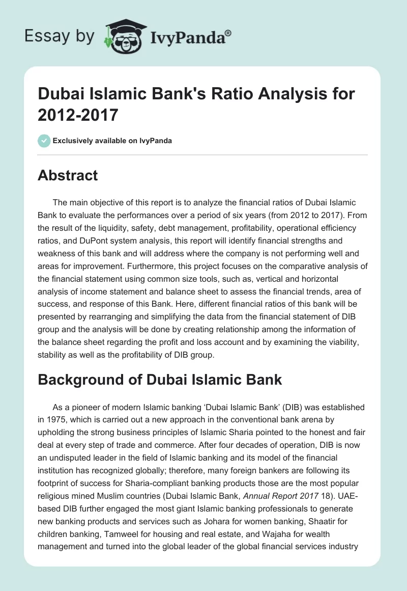 Dubai Islamic Bank's Ratio Analysis for 2012-2017. Page 1