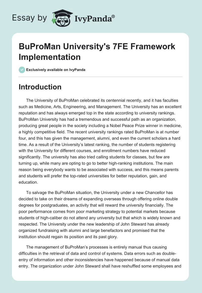 BuProMan University's 7FE Framework Implementation. Page 1