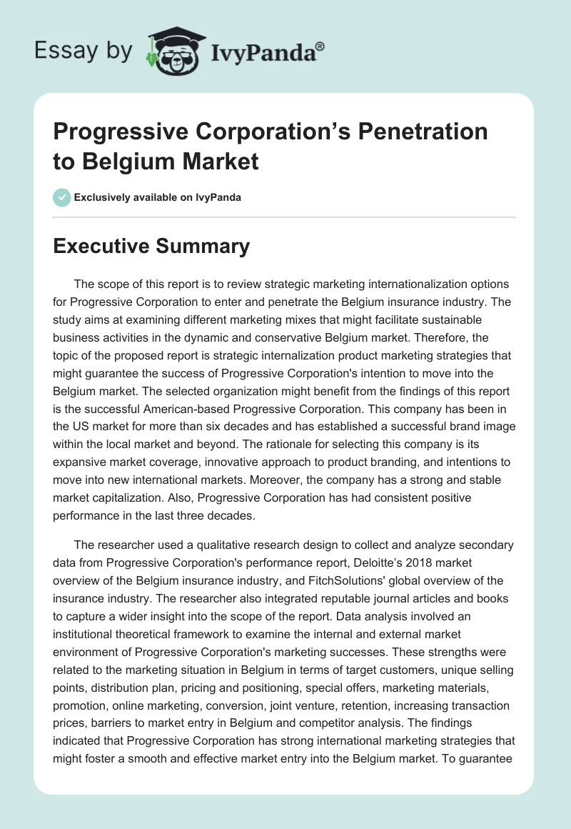 Progressive Corporation’s Penetration to Belgium Market. Page 1