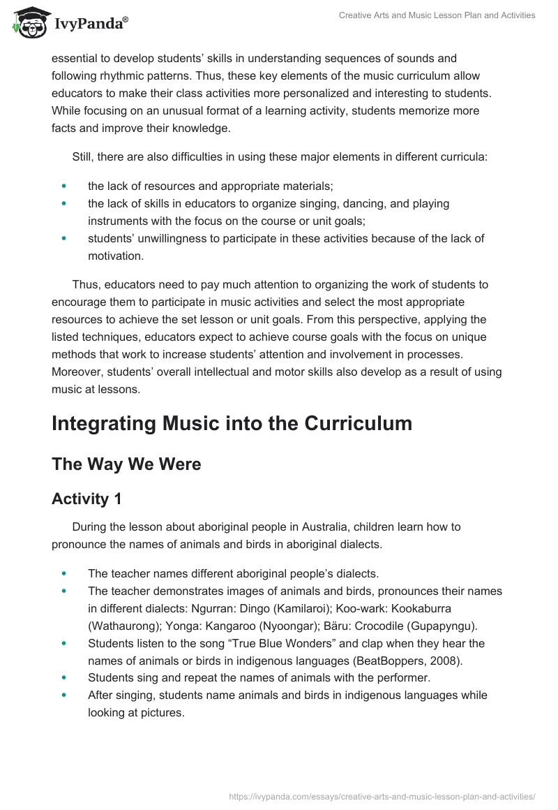 Creative Arts and Music Lesson Plan and Activities. Page 2