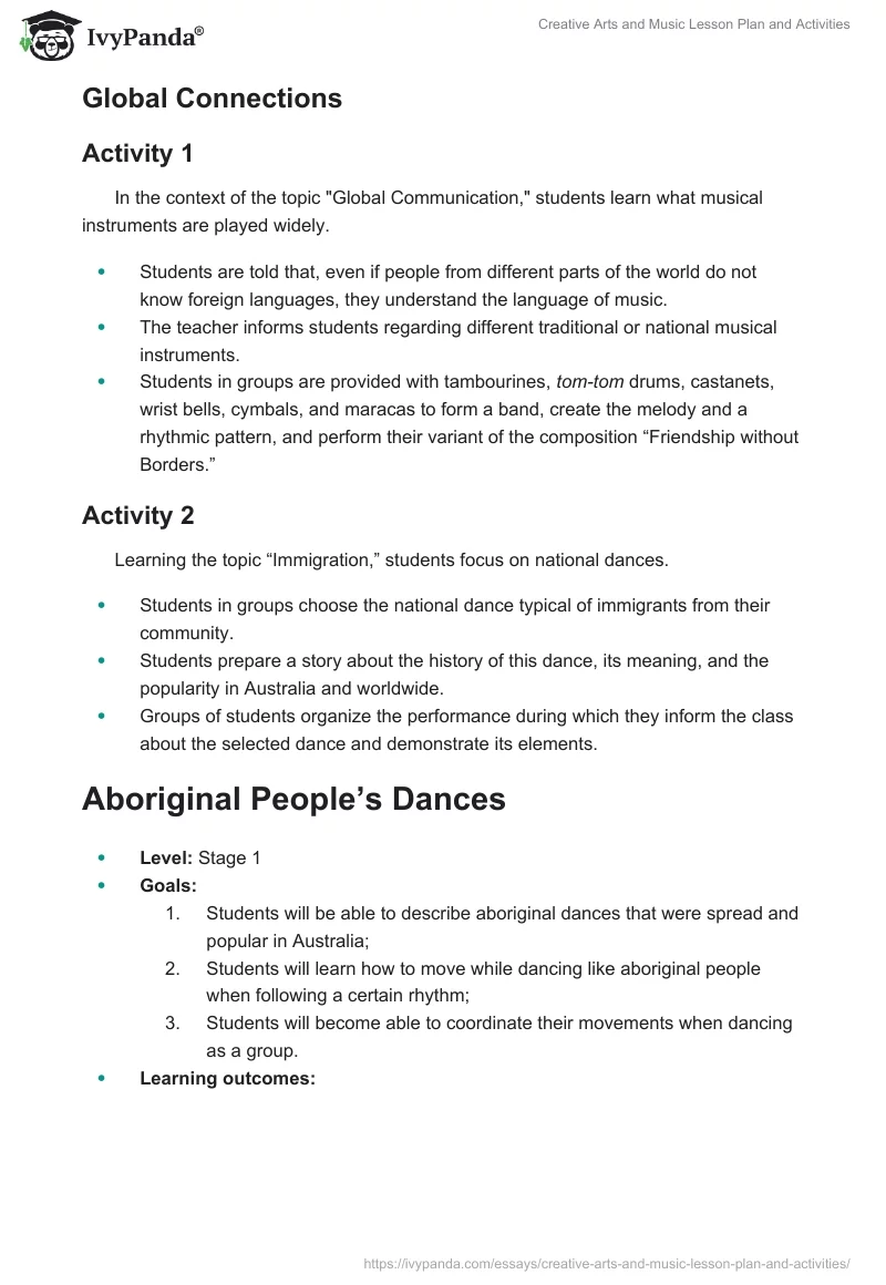 Creative Arts and Music Lesson Plan and Activities. Page 4