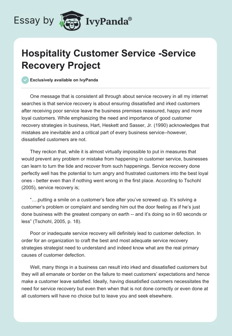 Hospitality Customer Service - Service Recovery Project. Page 1