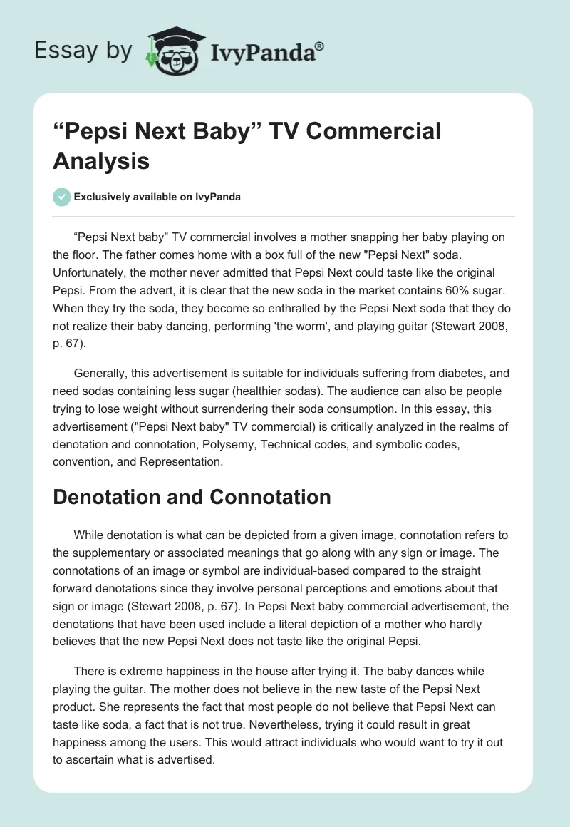 “Pepsi Next Baby” TV Commercial Analysis. Page 1