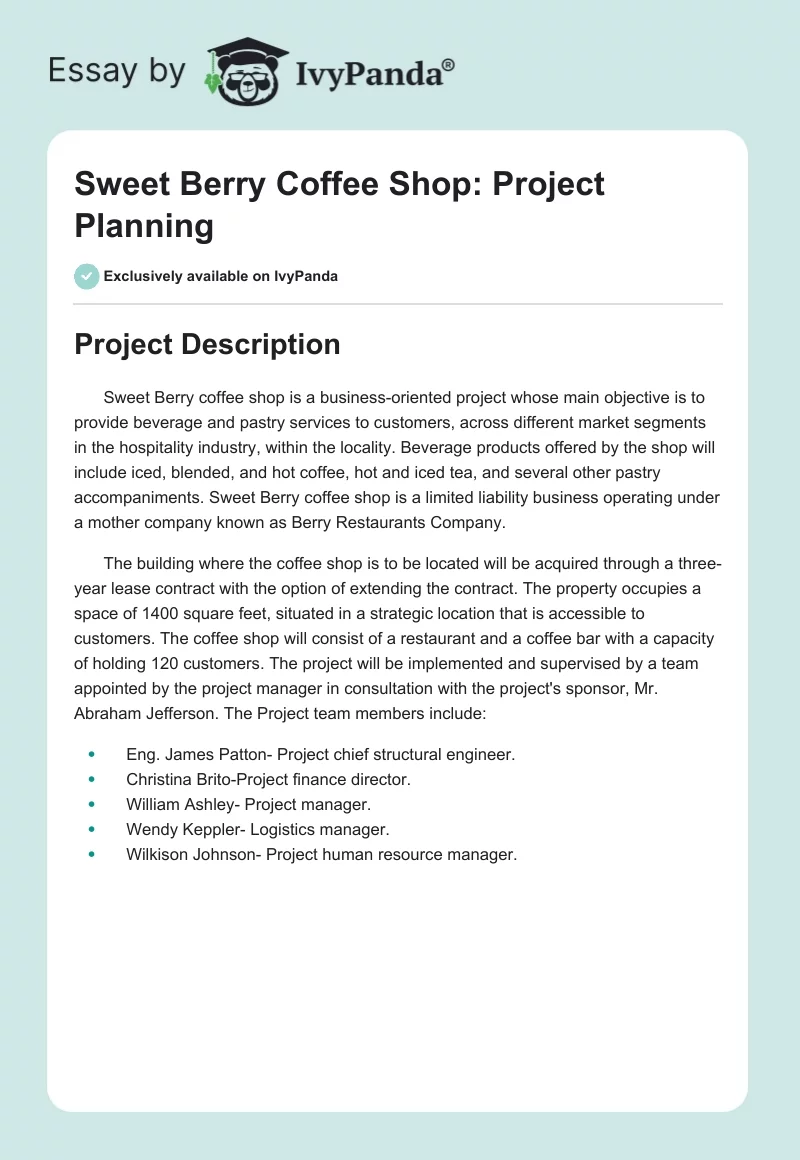 Sweet Berry Coffee Shop: Project Planning. Page 1