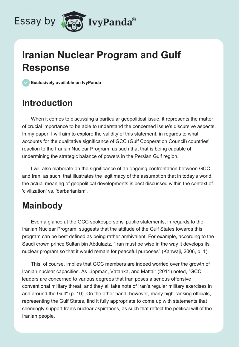 Iranian Nuclear Program and Gulf Response. Page 1