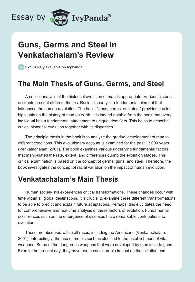 "Guns, Germs and Steel" in Venkatachalam's Review. Page 1